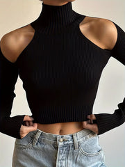 Siyah ribanalı turtleneck crop, omuz dekolteli uzun kollu Bastien tasarımı