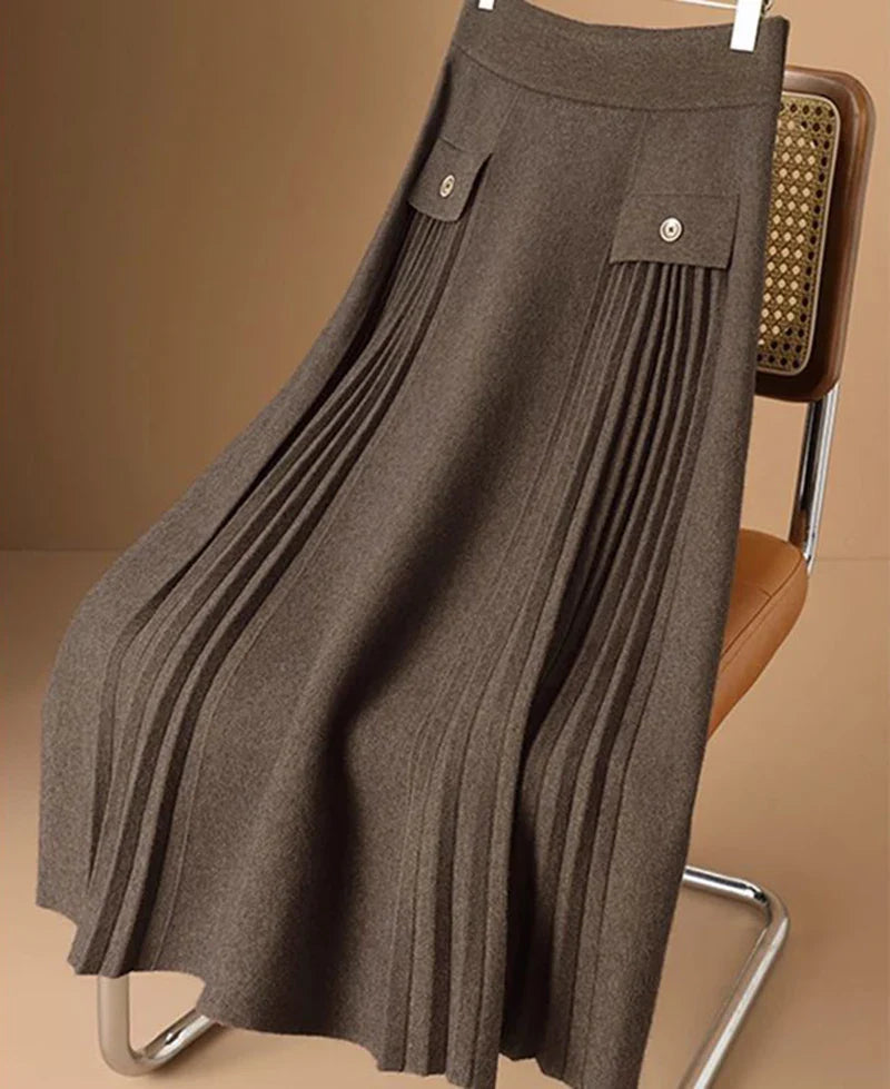 Brown pleated wool skirt Cosima with decorative button details kışlık midi etek