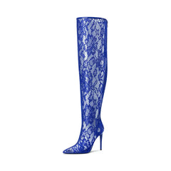 Alverto Fentero dantelli topuklu, royal blue lace knee-high stiletto boot