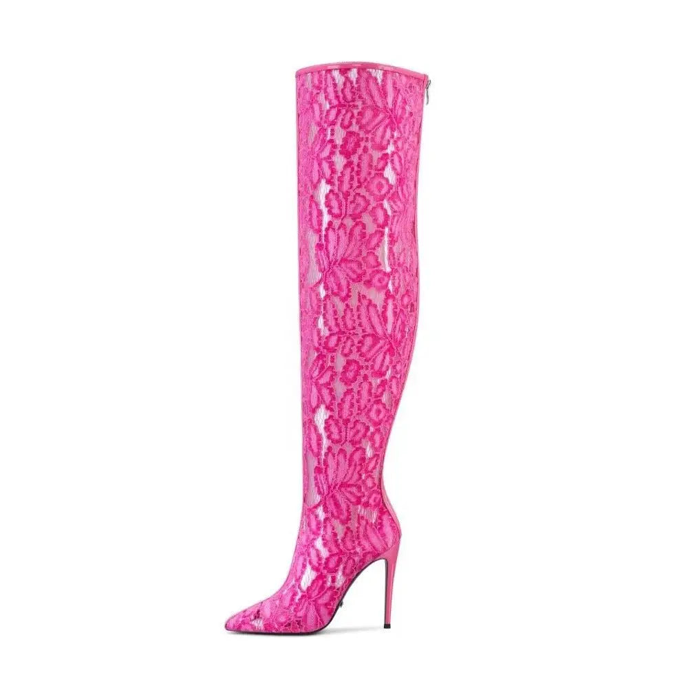 Alverto Hot Pink Lace Thigh-High Stiletto Boot, fentero dantelli topuklu tasarımı