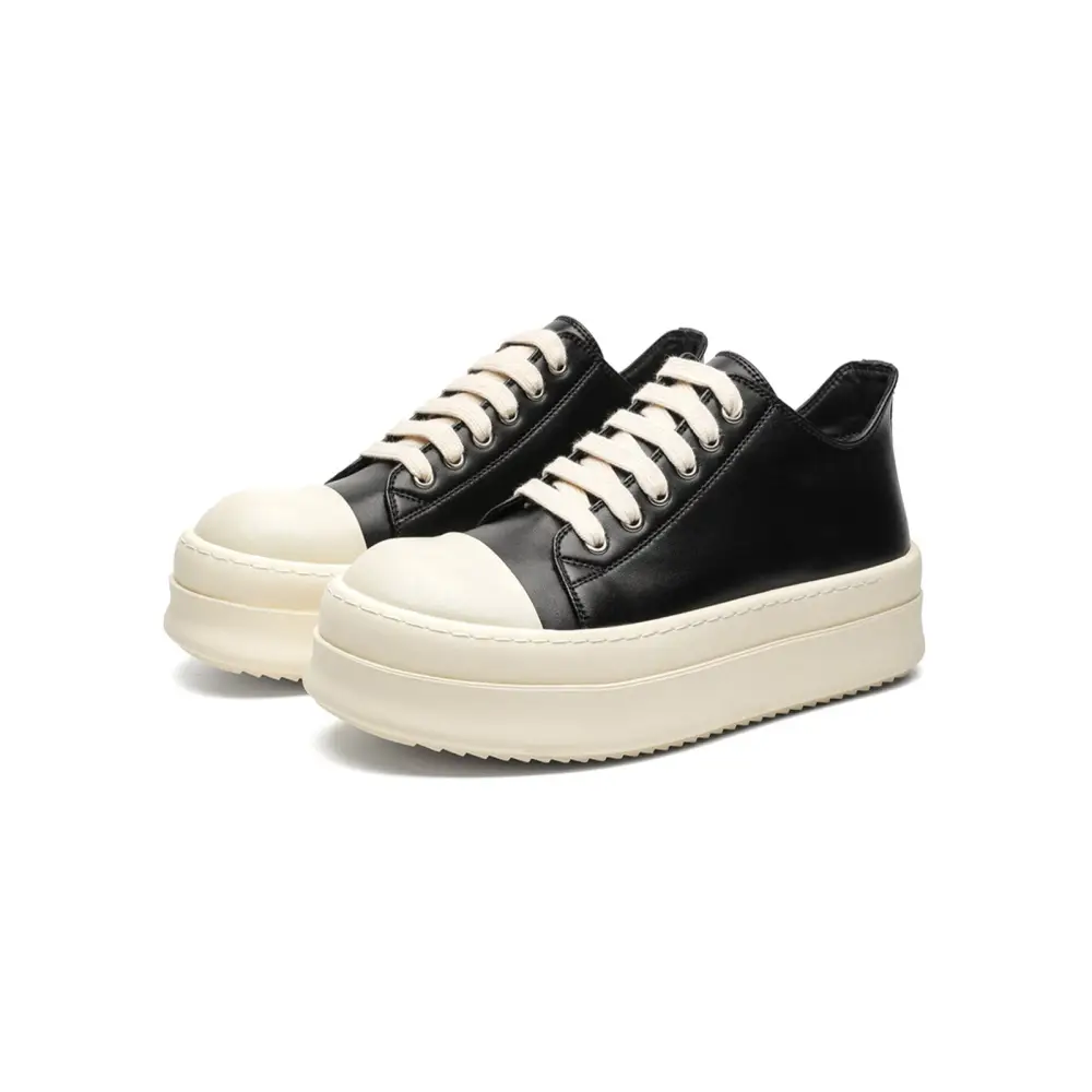 Bressano German unisex sneaker, black leather with white laces and cream platform soles