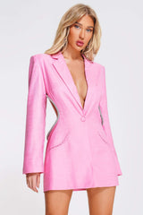 Bikala Taşlı Sırt Açık Blazer Elbise - Pembe