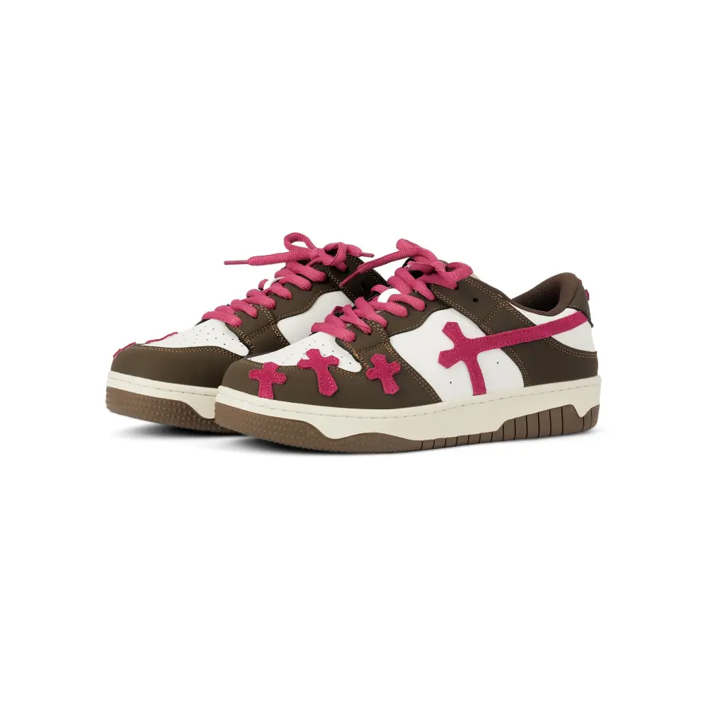 Bellarno Kido Sneakers featuring brown, white, and pink accents with pink laces