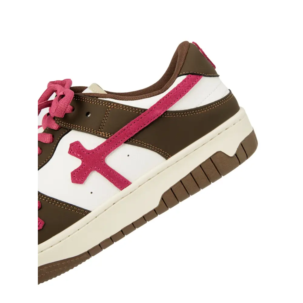 Bellarno kido sneakers in brown, white, and pink with a cross-shaped design