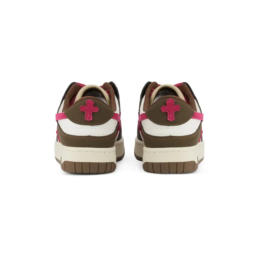 Bellarno kido sneakers in brown and white with pink cross details on heels