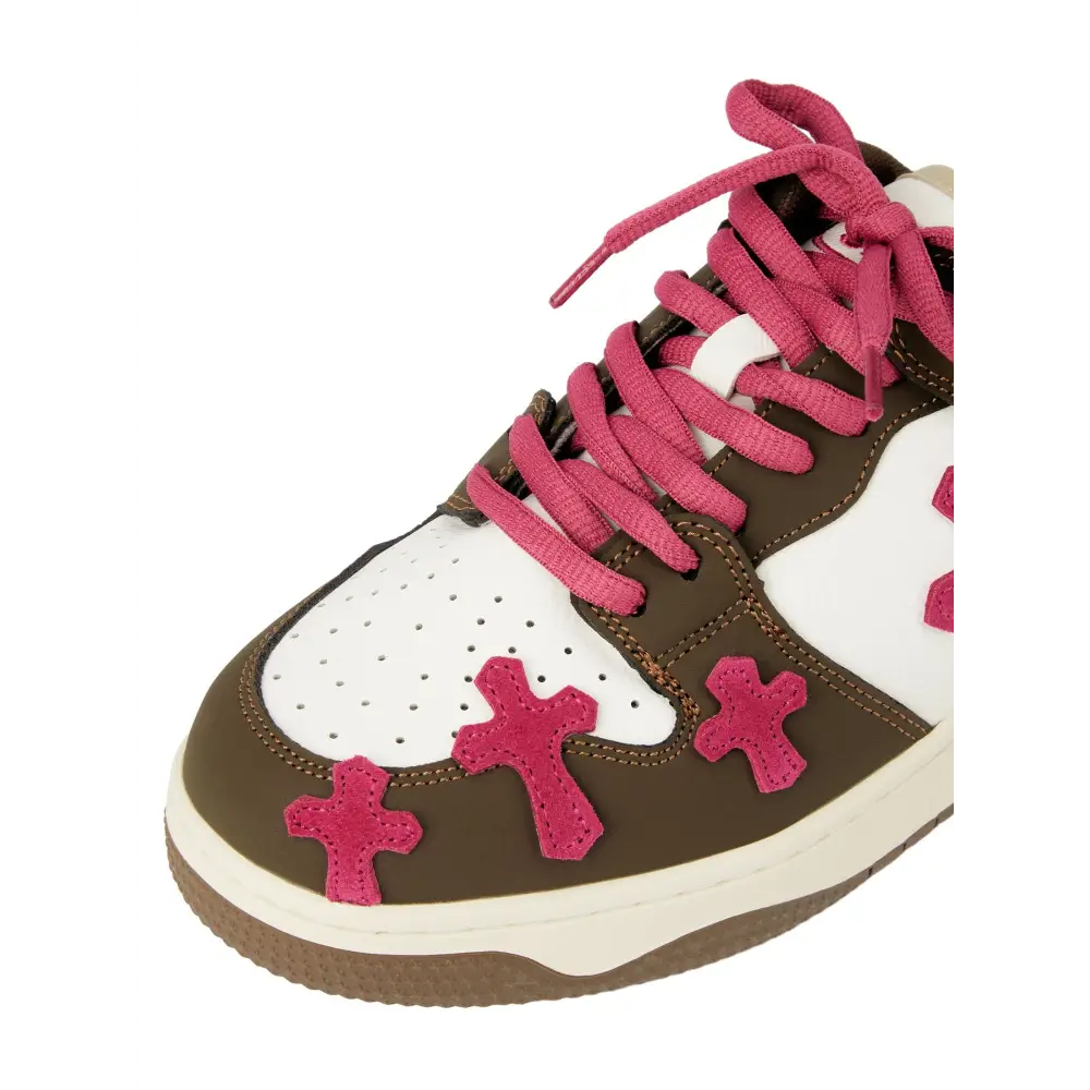 Bellarno kido sneakers in brown, white, and pink with cross-shaped decorations