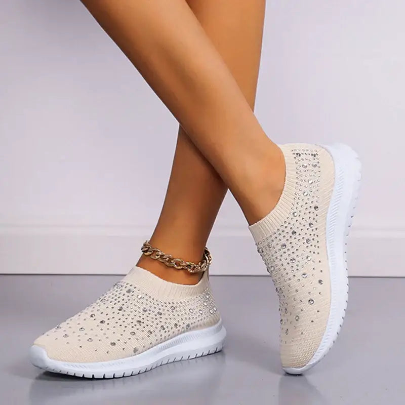 Bej slip-on sneakers, rhinestone süslemeli, Bellisio, Liorna kadın ayakkabıları