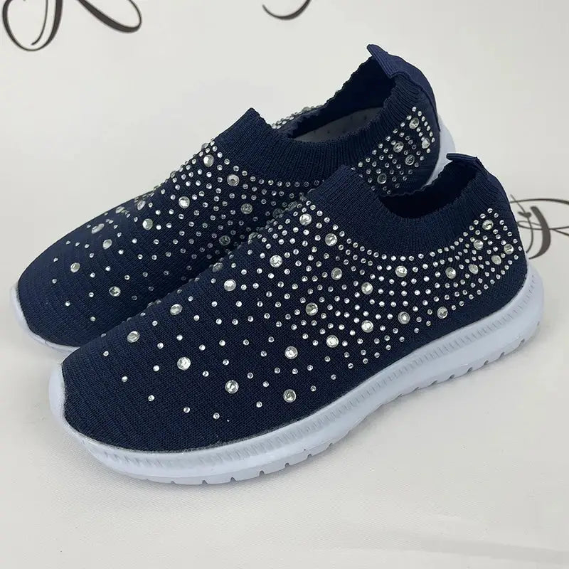 Bellisio navy mavi slip-on sneakers, liorna kadın ayakkabıları, rhinestones ile süslenmiş