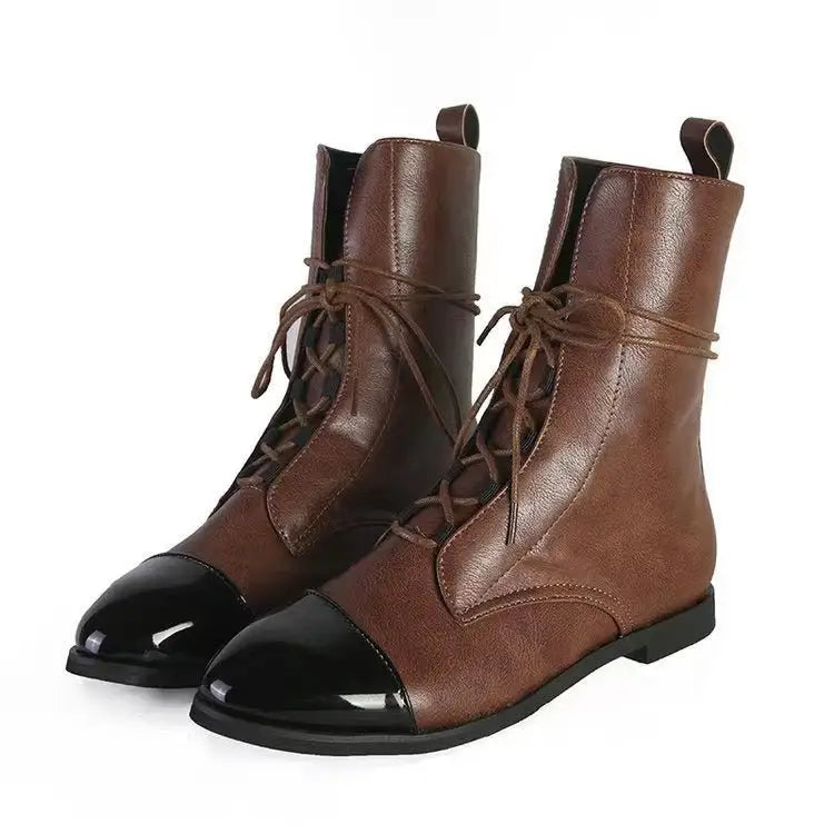 Brescini Brown leather combat boots with black patent toe caps in malteno unisex diz